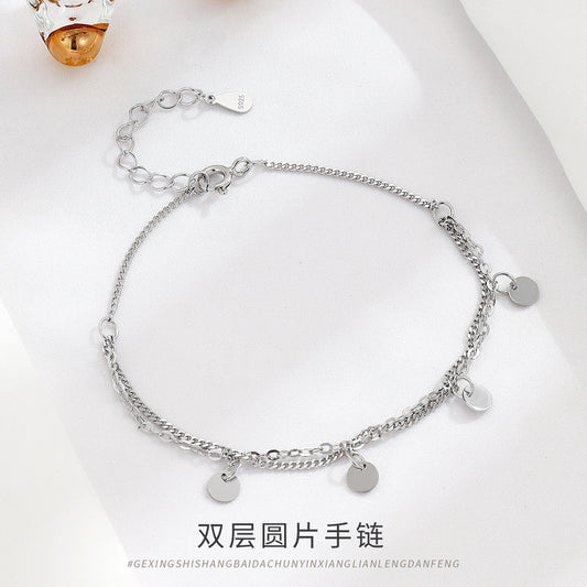 S925 sterling silver disc double-layer bracelet temperament niche high-end jewelry light luxury simple round jewelry women's accessories