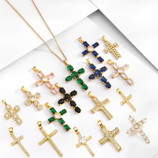 Full zircon copper pendant cross light luxury temperament classic collarbone chain small ins Internet celebrity retro titanium steel necklace