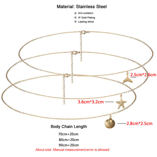 Amazon sexy stainless steel waist chain, fishtail shell starfish pendant, beach vacation ocean series body chain