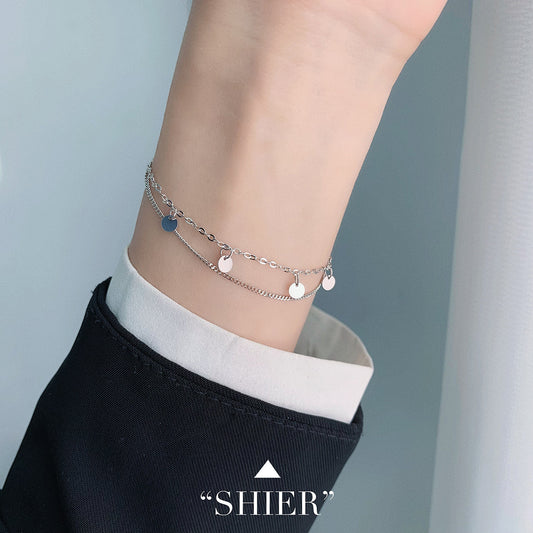 S925 sterling silver disc double-layer bracelet temperament niche high-end jewelry light luxury simple round jewelry women's accessories