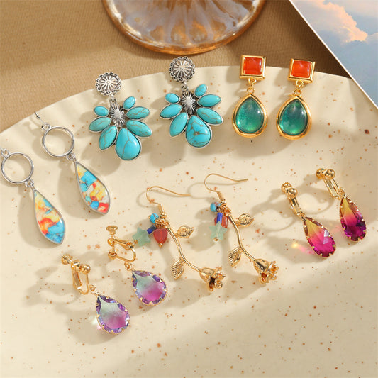 Alloy natural stone resin crystal zirconium earrings literary and retro temperament versatile jewelry earrings women