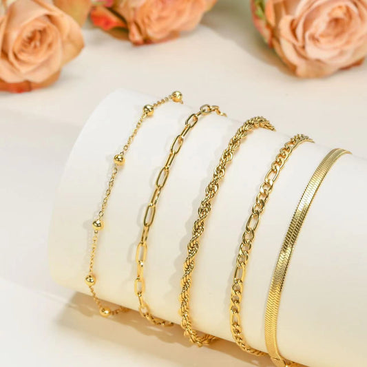 Popular stainless steel 5-piece set, simple bracelet, non-fading double-layer stacking set, beach chain Figaro