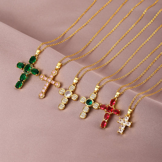Full zircon copper pendant cross light luxury temperament classic collarbone chain small ins Internet celebrity retro titanium steel necklace