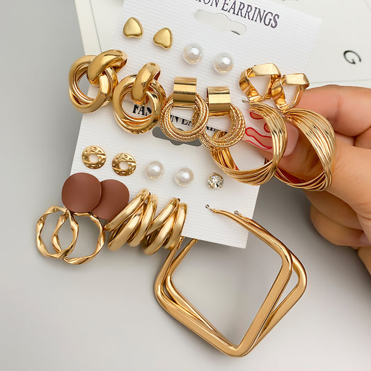 European and American cross-border alloy earrings square geometric earrings set 6-piece set retro pearl card earrings earrings
