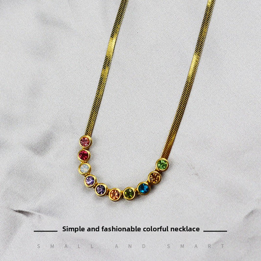 Colorful Necklace Titanium Steel Snake Bone Chain Round Zircon Inlaid Personality Versatile Color Treasure Clavicle Chain Ladies
